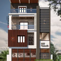 A frontal 3D view of the proposed duplex for a 30x40 site. This visualization clearly shows the material details, including the patterned main gate, vertical wooden slats, and the texture of the facade cladding.