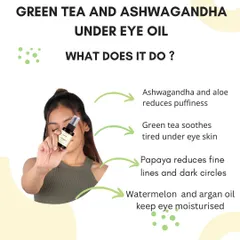What does my Green Tea and Ashwagandha Under Eye Oil do? It reduces puffiness, soothes tired skin, reduces fine lines and dark circles, and keeps the delicate eye area moisturized.