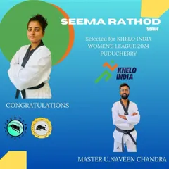 Announcing the selection of our senior athlete, Seema Rathod, for the Khelo India Women's League 2024. This is a result of her consistent dedication to Taekwondo training.