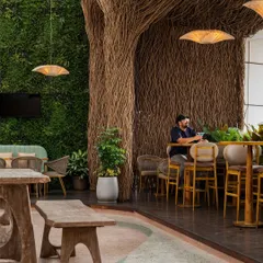 A look at the different seating zones at Nido, from rustic wooden benches to comfortable bar stools. The design incorporates a lush green wall and terrazzo flooring, blending natural textures to create a cohesive, biophilic atmosphere.