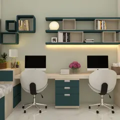 A shared study room designed for two, featuring a long desk with dual workstations. The color scheme of teal and light wood, along with creative shelving and a cozy window seat, makes it a perfect space for learning and collaboration.