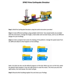The detailed instruction sheet for the SPIKE Prime Earthquake Simulator. It guides students through building the simulator, creating different buildings, programming the shaking platform, and recording their findings.