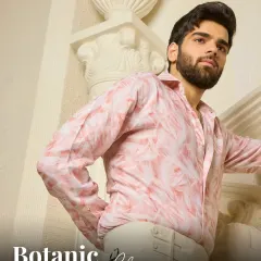 Botanic Elegance. A light pink linen shirt with a soft leaf pattern, paired with cream pleated trousers. This ensemble is crafted for effortless summer style.