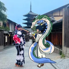 A throwback to my Japan trip, where I imagined meeting Haku from 'Spirited Away' in the streets of Kyoto. I love adding these fantasy elements to my travel photos.