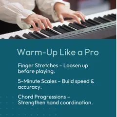 Warm up like a pro before you play. Simple finger stretches, 5-minute scales, and chord progressions will loosen you up and improve your accuracy and coordination.