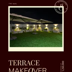This image showcases a complete terrace makeover, available from a starting price of ₹1,50,000. The design features durable artificial grass, stylish umbrellas for shade, and perimeter planters, creating a polished and practical outdoor extension of the office.