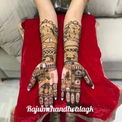 A personalized mehendi for a couple, with portraits of them on the palms and figures of Radha-Krishna on the arms. Every detail tells a part of their story.