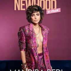 The 'Icons of Newhood' cover for iDiva featuring Mandira Bedi. The image uses bold colors and styling to create a modern, impactful magazine cover.