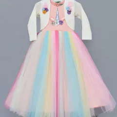 If you have a party theme, I can design the dress for it. This unicorn gown with a rainbow skirt and matching jacket is a fun option for a kid's birthday party.