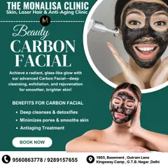 Our Beauty Carbon Facial is designed to deliver a radiant, glass-like glow. This graphic explains its benefits, including deep cleansing, pore minimization, and anti-aging effects for smoother, brighter skin.