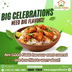 Big celebrations need big flavors. This vibrant graphic featuring a bowl of chicken biryani announces that we have your event covered, taking one less worry off your plate.