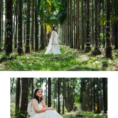 Portraits set within a dense areca nut plantation, a signature landscape of coastal Karnataka. The tall, straight trees create a dramatic and beautiful frame for the bride to be in her white and yellow outfit.