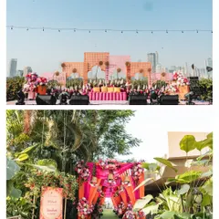 A look at the grand scale of a Mehendi ceremony. From the lush floral entrance arch to the expansive, colorful stage setup against the city skyline, we ensure every view is spectacular.