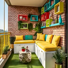 This balcony makeover focuses on creating a functional and cheerful social space. We installed a custom L-shaped bench with built-in storage drawers to maximize seating and keep the area tidy. The exposed brick wall is accented with colorful, multi-level box shelves for displaying books and decor, adding a playful yet practical touch.
