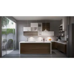 This design showcases an open-concept kitchen with a large island that doubles as a casual dining space. The mix of white and wood-grain cabinets, combined with a view of the outdoors, creates a natural and inviting atmosphere.