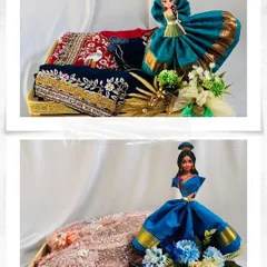 Our expertise in trousseau packing shines in these Teej and Sinjara hampers. We creatively use the gifted sarees to form elegant doll figures, presenting traditional gifts in a unique and memorable way.