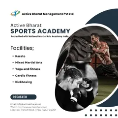 See how our partners leverage our brand. This is a promotional graphic from Active Bharat Sports Academy in Hapur, an accredited NMAA center, showcasing the variety of training they offer, including karate, MMA, yoga, and kickboxing, all under our recognized banner.