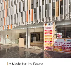 The entrance to the SPS Hospital Clinic in Ludhiana. The design focuses on standardization and scalability, ensuring that each clinic delivers functional efficiency and economic viability for future replication.