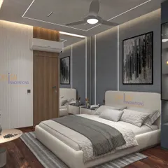This master bedroom is a sanctuary of calm, designed with a sophisticated grey palette and warm wood flooring. We integrated custom backlit display cabinetry and layered lighting to create a mood that is both relaxing and elegant.