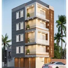 The 3D rendered design for a residential building on a 22'6"x30' plot. This is the vision we present to the client before construction begins, detailing the facade materials and final look.