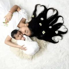 The sweet bond between sisters. An older sister gently kisses her newborn sibling in this artistic portrait, her hair decorated with flowers to form loving hearts.