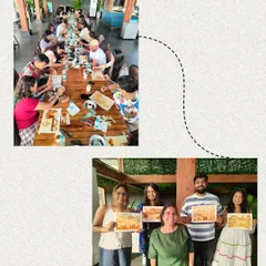 A collage from a corporate art workshop in Goa, showing the team painting together and proudly displaying their finished coffee art pieces.