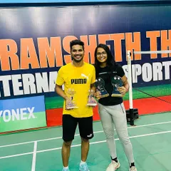 We celebrate every victory. Here is our student Prishita Sinha, a double winner in the Senior Women's and Mixed Doubles at the Yonex-Sunrise Raigad District Championship.