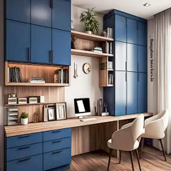 This custom study and storage unit shows how I use bold color to create a vibrant and productive workspace. The floor-to-ceiling cabinets in deep blue offer extensive storage, while the warm wood desk and backlit shelves provide a comfortable and well-lit area for two.