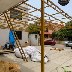A closer look at the fabrication work in progress. You can see the clean welds and the robust grid pattern of the steel framework, designed to support the roofing material and withstand all weather conditions. Quality craftsmanship is at the core of every structure we build.