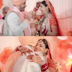 A collage of pure joy during the ceremony. The bride's ecstatic laugh during the Varmala and a heartfelt hug afterwards. These are the moments to remember.