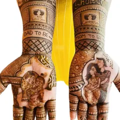 This design combines a traditional Yashoda and Krishna portrait with a modern portrait of the expecting couple. The forearms feature baby footprints and the words "Baby Shower," "We Love You," and "Coming Soon."
