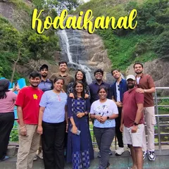 Our group posing in front of a waterfall in Kodaikanal. The region has several beautiful cascades that we visit.