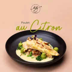 Allow me to present my Poulet au Citron. This dish features a succulent lemon chicken steak, marinated to perfection and served with a delicate glaze. It’s a bright, elegant plate that represents the fresh, modern twist I love to bring to French classics.