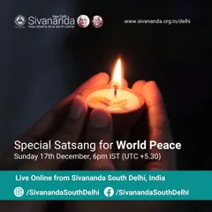 A poster for our Special Satsang for World Peace, held online to unite our global community in prayer. We believe in the power of collective intention to promote harmony in the world.