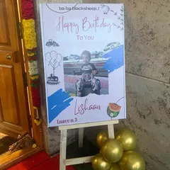 We create personalized welcome boards for any occasion. This custom sign for Lishaav's third birthday greeted guests at the entrance and set a fun tone for the party right from the start.