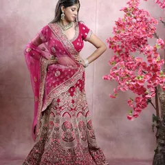 The full view of the magenta bridal lehenga, showcasing its grand flare and detailed craftsmanship.