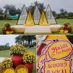 A collage showcasing the vibrant yellow decor of a Haldi ceremony, from the main stage to fun props like "Team Groom" signs.