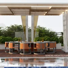 An outdoor dining pavilion set beside a swimming pool, designed for a holiday home. The structure provides a shaded space for gatherings, seamlessly blending the comfort of the indoors with the beauty of the surrounding landscape.
