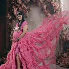 A magnificent pink ruffled gown with a dramatic train, enhanced with AI magic for a truly fairytale look.
