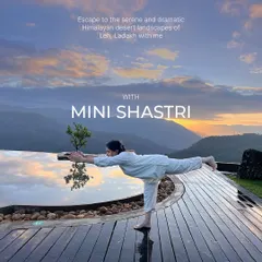 Here I am in a Virabhadrasana III (Warrior III) pose, overlooking a serene mountain landscape at sunset. My retreats are held in stunning locations like this to help you escape the everyday and reconnect with your practice.