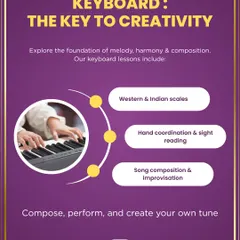 The keyboard is the key to creativity. Our lessons cover both Western and Indian scales, hand coordination, sight-reading, and song composition, empowering you to compose, perform, and create your own tunes.