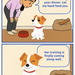 The dog's perspective on training: "You're not eating your dinner. Let me hand feed you." "Her training is finally coming along well." Who is really training whom?