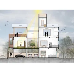 This architectural section of the Sai Residence illustrates how we plan for natural light. The drawing shows how skylights and a central courtyard are positioned to bring sunlight deep into the home, illuminating multiple levels.