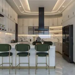 A frontal view of the luxury kitchen, showing the breakfast counter, modern black chimney, and the seamless integration of appliances within the cabinetry.
