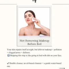This graphic highlights a common skincare red flag: not removing makeup before bed. It explains how this clogs pores and leads to dullness, recommending a double cleanse.