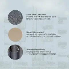 A material palette featuring basalt stone composite for durable exteriors, natural microcement for warm interiors, and vertical slatted timber for adding texture and rhythm to facades. Each material is chosen for its timeless quality and performance.