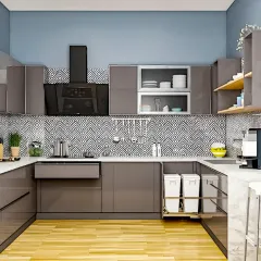 This U-shaped modular kitchen is designed for ultimate efficiency. It features high-gloss laminate cabinets, a stylish patterned backsplash, and smart storage solutions like pull-out waste disposal units to keep the space organized and functional.