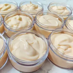 A fresh batch of my face creams, ready to be packed. The smooth, rich consistency comes from carefully selected ingredients that nourish and moisturize the skin.