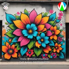 Floral graffiti artwork mein main bright petals aur dark outlines wala outdoor design dikhata hoon.