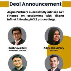 This announcement details our successful representation of L&T Finance before the NCLT, Mumbai. We achieved a significant ruling that established Compulsorily Convertible Debentures (CCDs) as a form of debt, a key precedent in insolvency law. The image features the core team, including myself, Adity Chaudhury, and Arka Majumdar, who were instrumental in this matter.